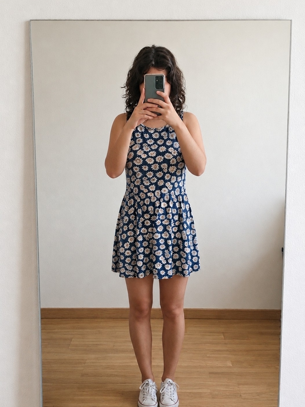 90's/Vintage Topshop Navy Blue Daisy Print Cotton Mini Dress - Size S